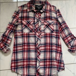 Plaid flannel button-down shirt.